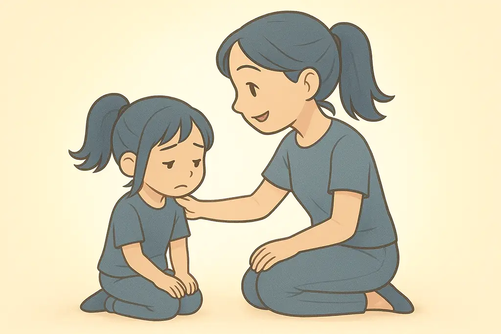 つらそうな過去の自分を、未来の自分が優しく慰めているイラスト