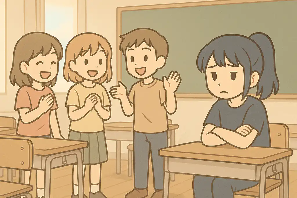 休み時間にクラスの輪に入れず一人で過ごす女の子のイラスト