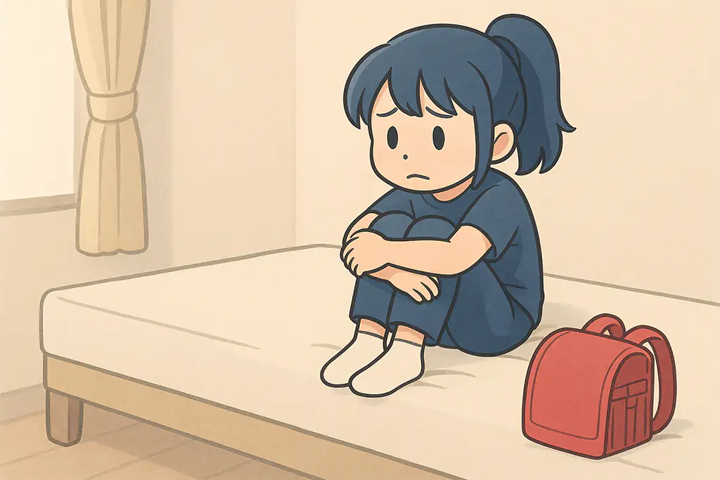 ベッドの上で膝を抱えて考え込む小学生の女の子のイラスト