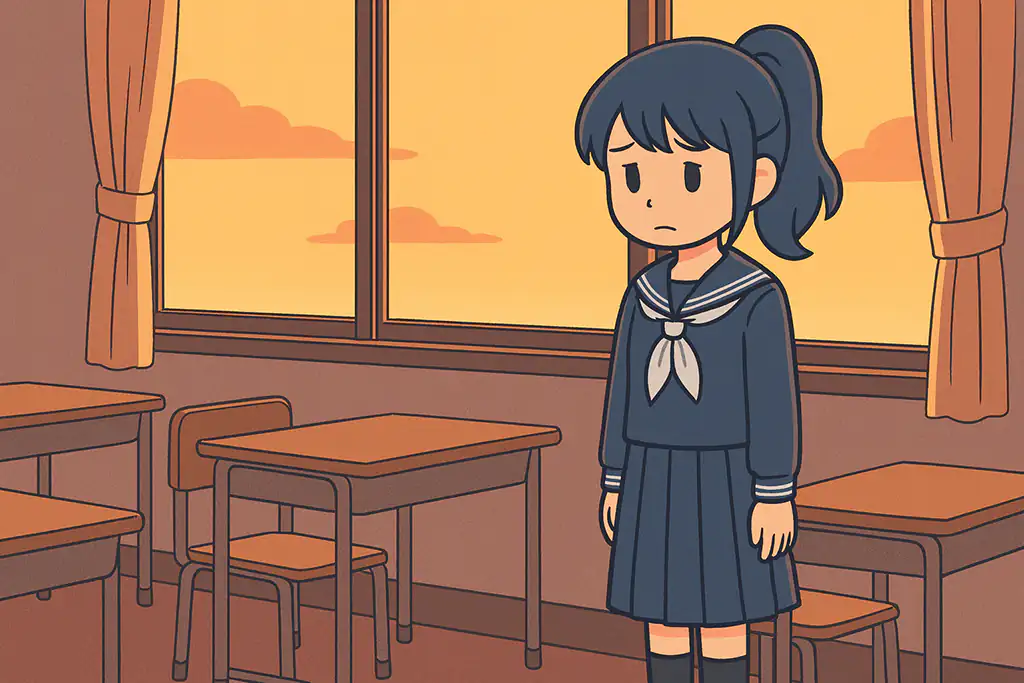 夕暮れの誰もいない教室で、さみしそうに一人たたずむ女子学生のイラスト