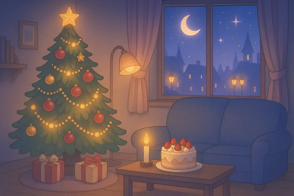 ひとりぼっちで過ごす、クリスマスツリーのある静かな部屋のイラスト