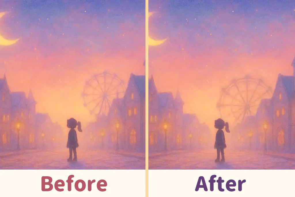 誰もいない不思議な街の風景をビフォーアフターで比較したイラスト