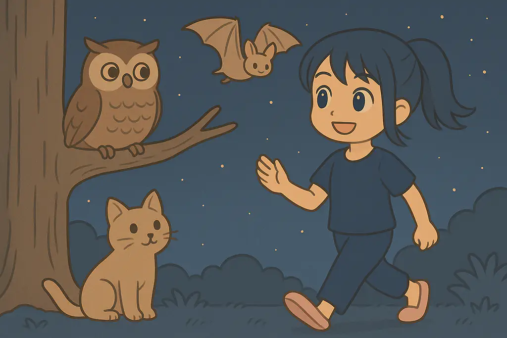 夜型の女性がコウモリ・フクロウ・猫と一緒に夜道を散歩しているイラスト
