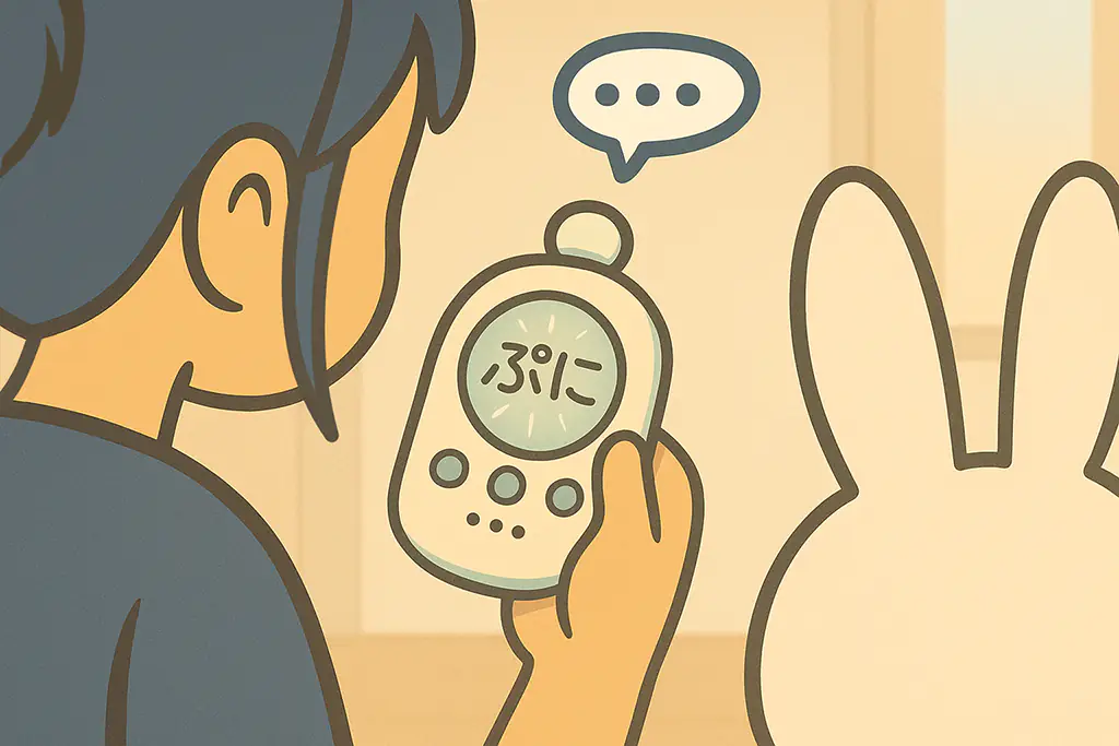 GPTでつくったぷに語翻訳機を使う女性とうさぎのイラスト