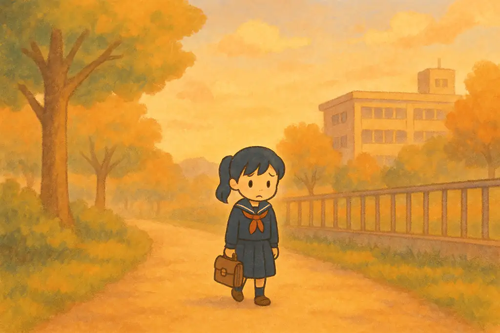 学校の帰り道を悲しそうな表情で歩く女子学生のイラスト