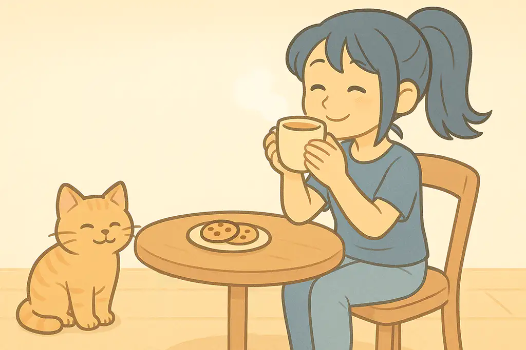 幸せそうに紅茶を飲む女性と、その様子を見守る茶トラ猫のイラスト