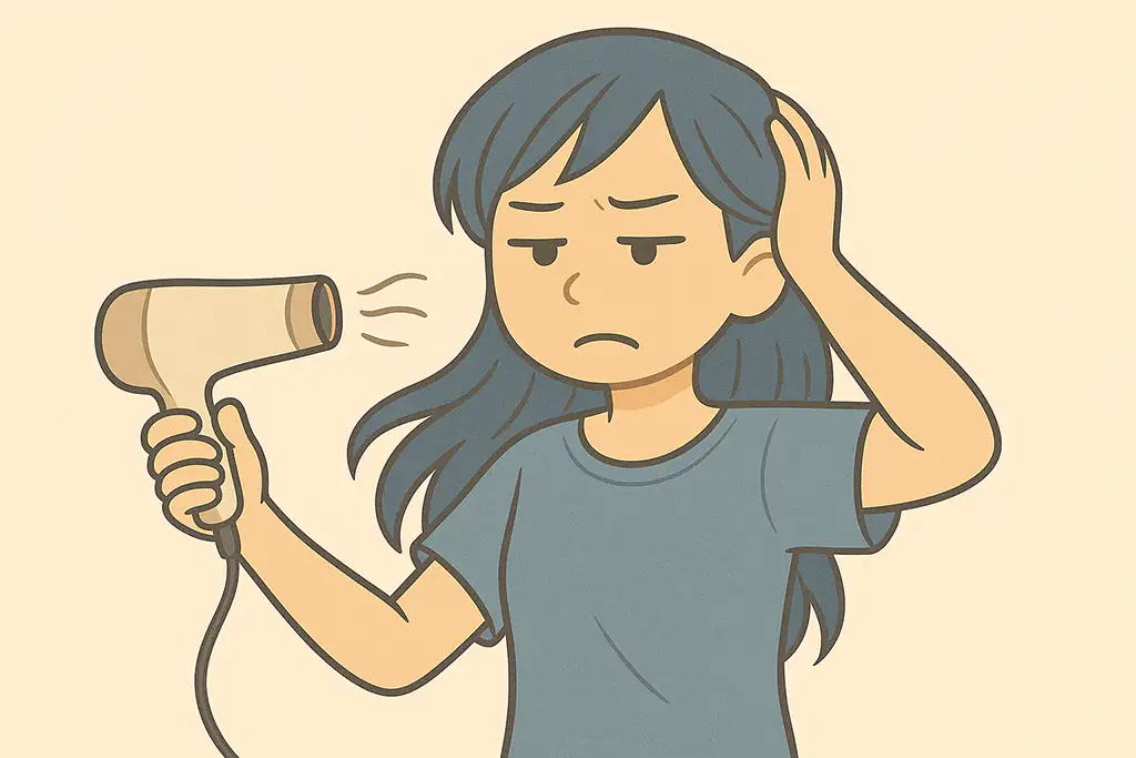 ドライヤーをめんどくさそうにかけている女性のイラスト