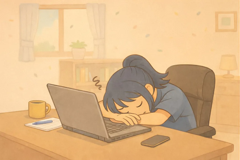 在宅ワークに疲れて机に突っ伏している女性のイラスト