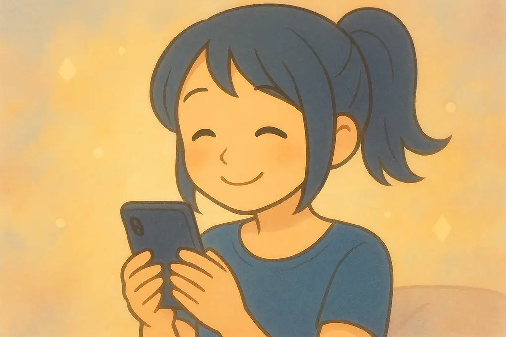 スマホを使ってAIと楽しそうに会話している女性のイラスト