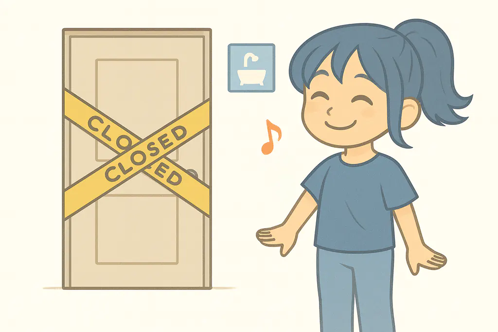 お風呂場が使えなくなり喜んでいる女性のイラスト