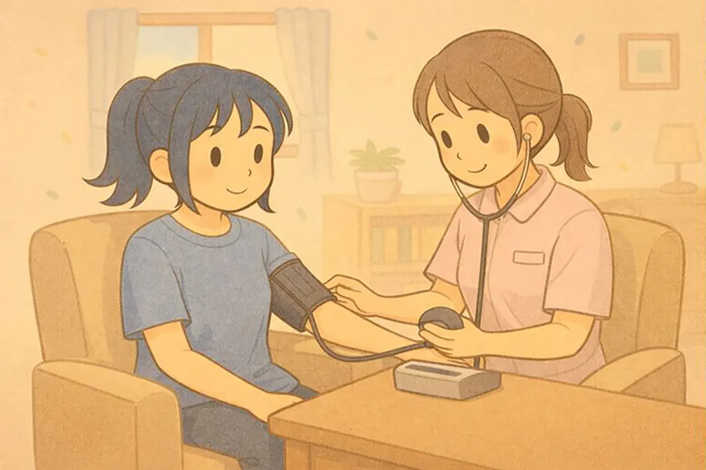 訪問看護で血圧測定を受けている女性のイラスト