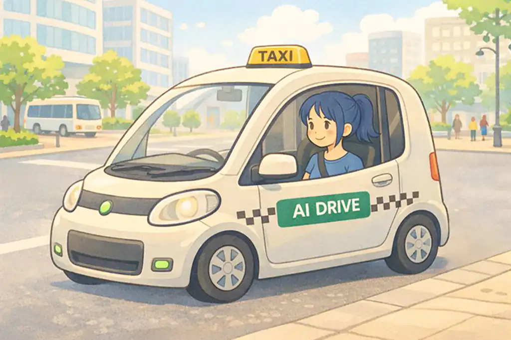 無人のAIタクシーに乗って、都会の街を走っている女性のイラスト