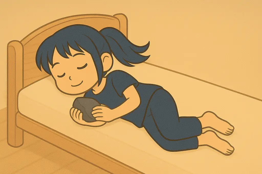 石を抱きしめながらベッドで眠る女性のイラスト