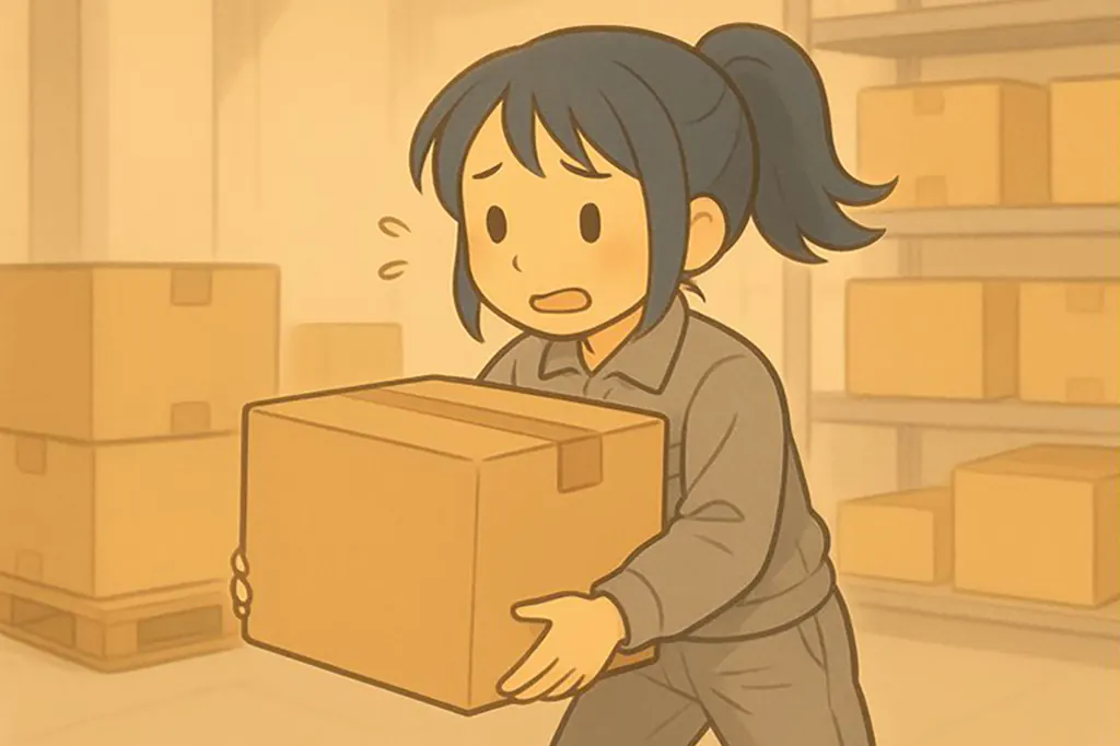 倉庫で重いダンボールを大変そうに運んでいる女性のイラスト