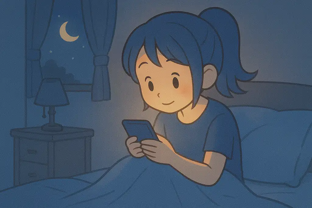 夜、ベッドの上でスマホを使ってAIと会話する女性のイラスト