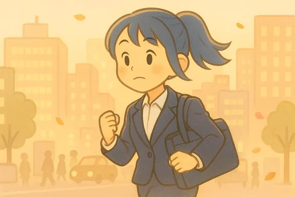 都会の街を歩きながら、面接に向かって意気込む女性のイラスト