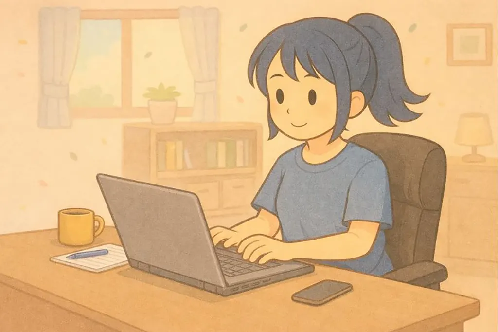 自宅でパソコンに向かい、在宅ワークをしている女性のイラスト